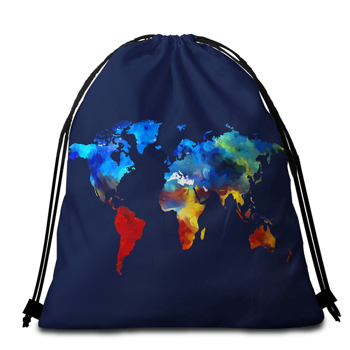 Painted World Map Beach Bags and Towels Blue to Red