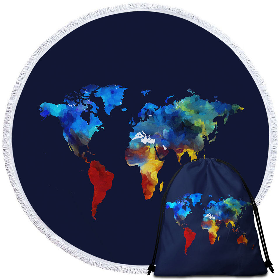 Painted World Map Circle Beach Towel Blue to Red