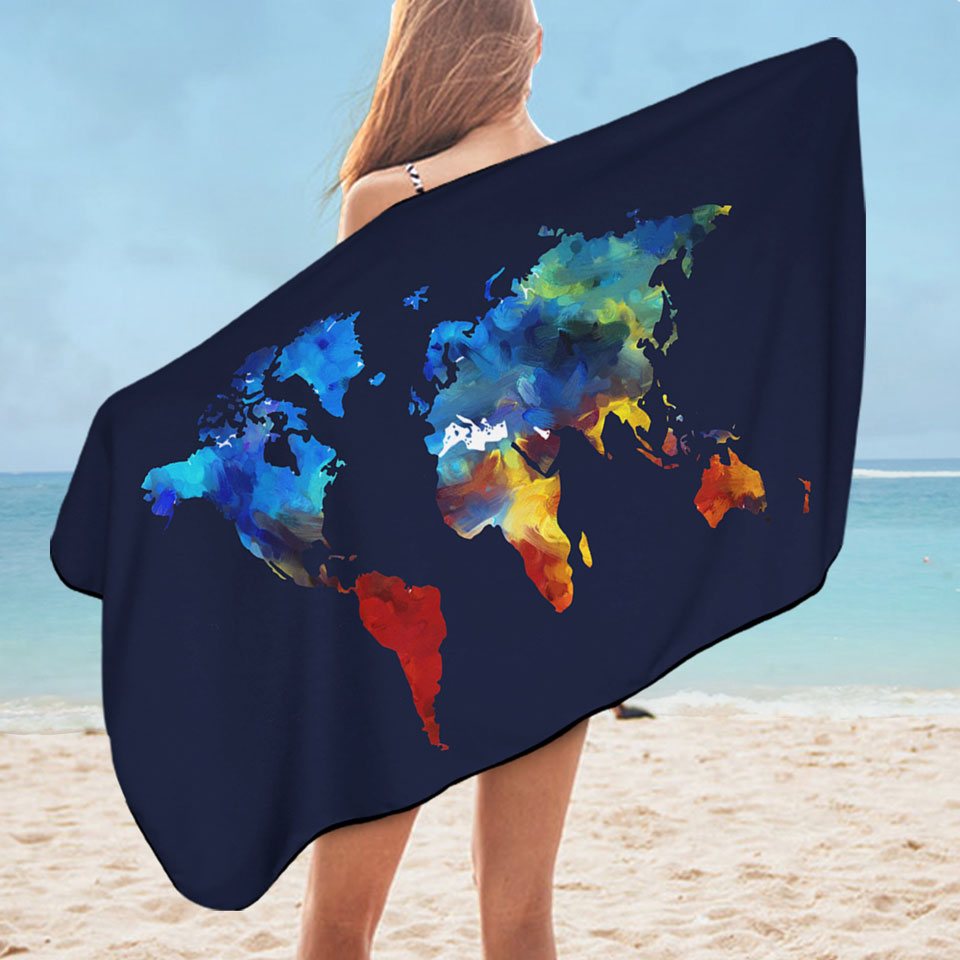 Painted World Map Pool Towels Blue to Red