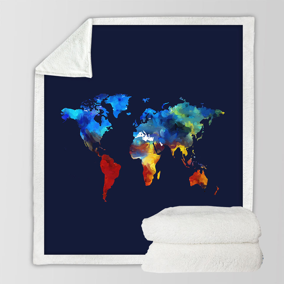 Painted World Map Sherpa Blanket Blue to Red