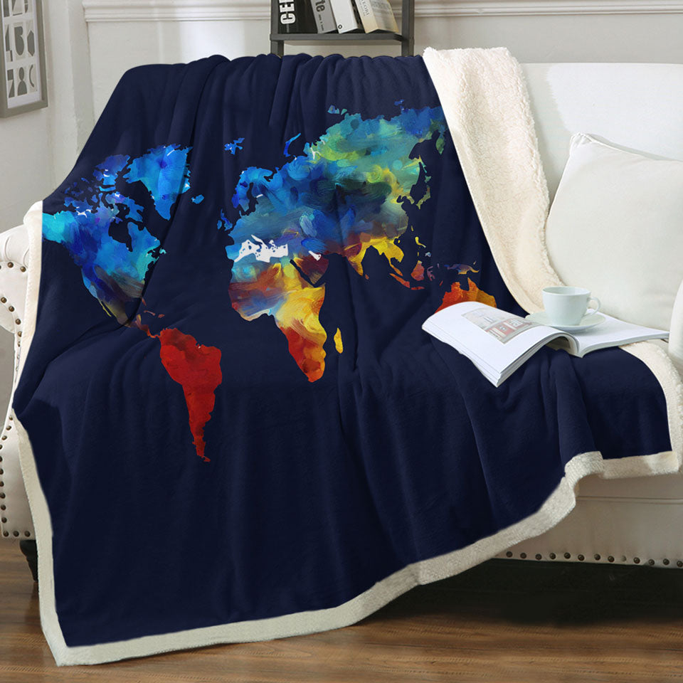 Painted World Map Throw Blanket Blue to Red