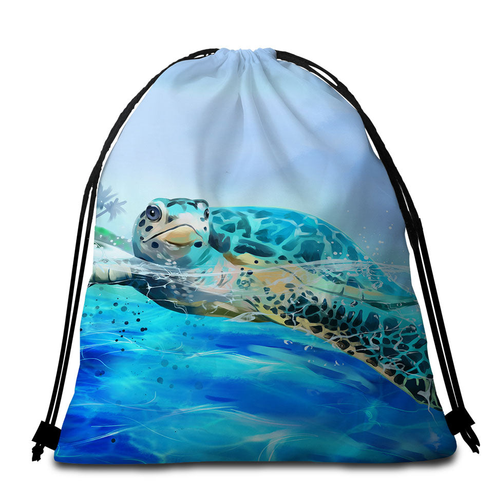 Painting Swimming Turtle Packable Beach Towel