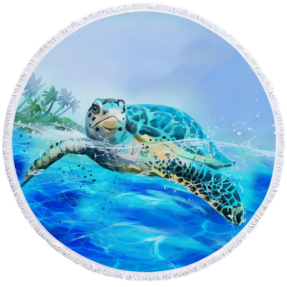 Painting Swimming Turtle Round Beach Towel