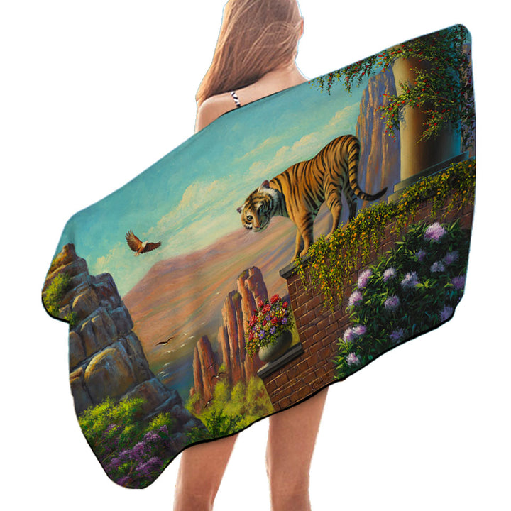 Painting of Tiger on Floral Terrace Beach Towels