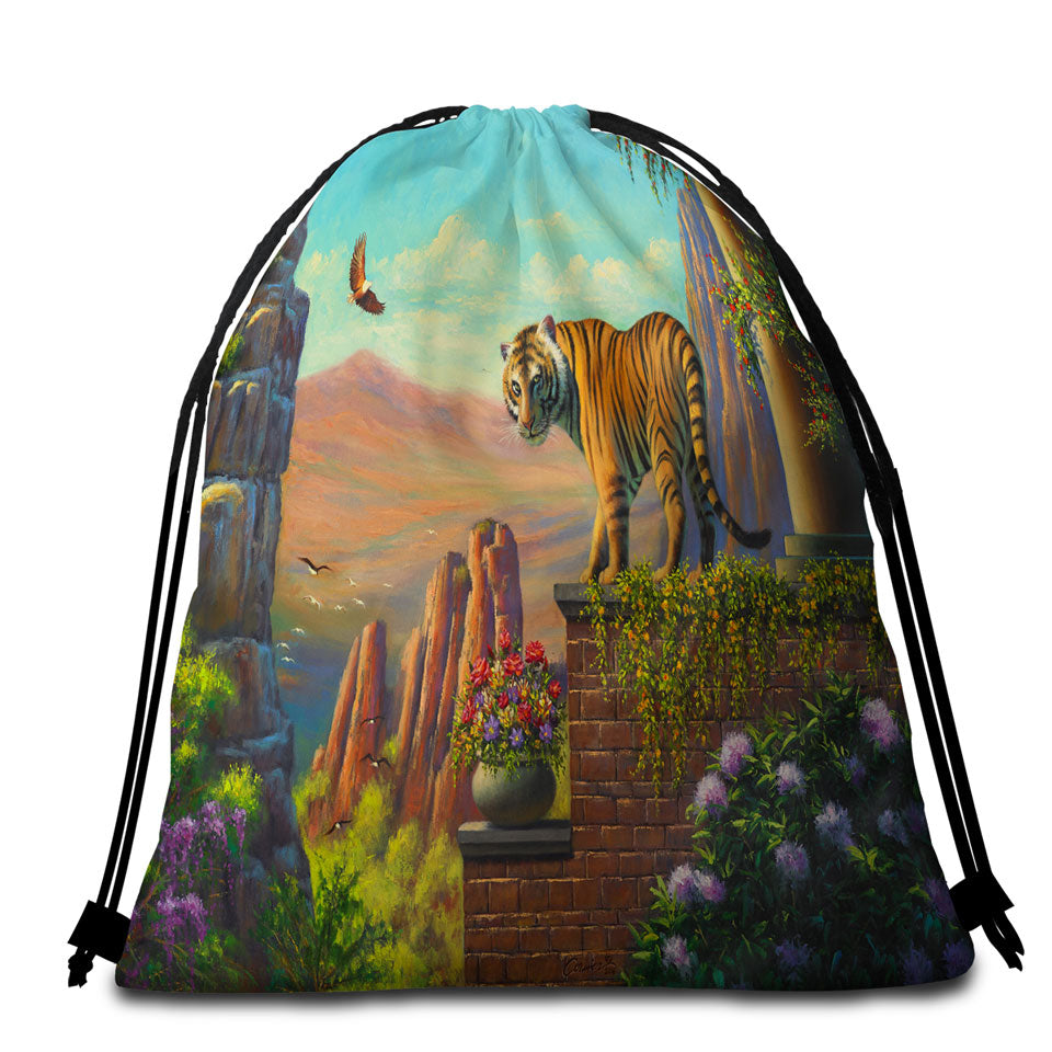 Painting of Tiger on Floral Terrace Beach bags and Towels