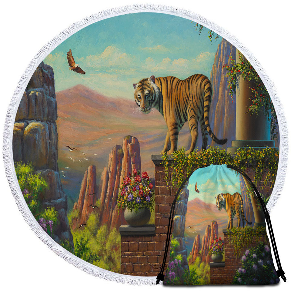 Painting of Tiger on Floral Terrace Circle Towel
