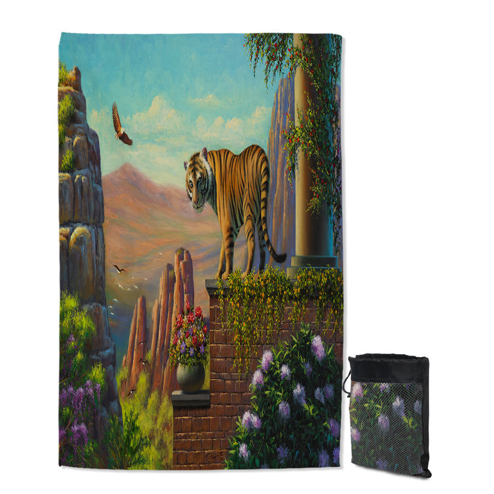 Painting of Tiger on Floral Terrace Quick Dry Beach Towel for Travel