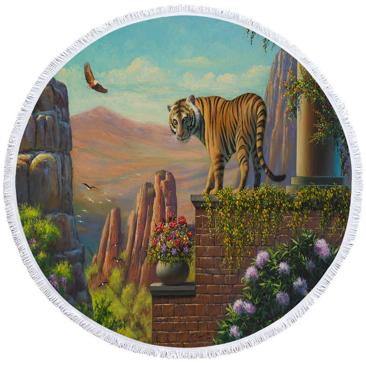Painting of Tiger on Floral Terrace Round Beach Towel