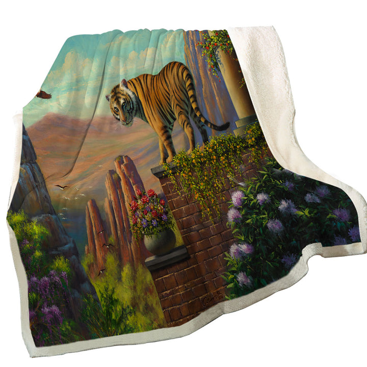 Painting of Tiger on Floral Terrace Sherpa Blanket