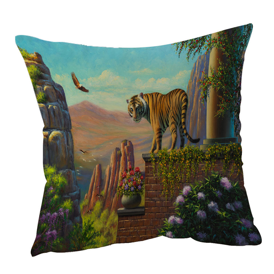 Painting of Tiger on Floral Terrace Throw Pillow