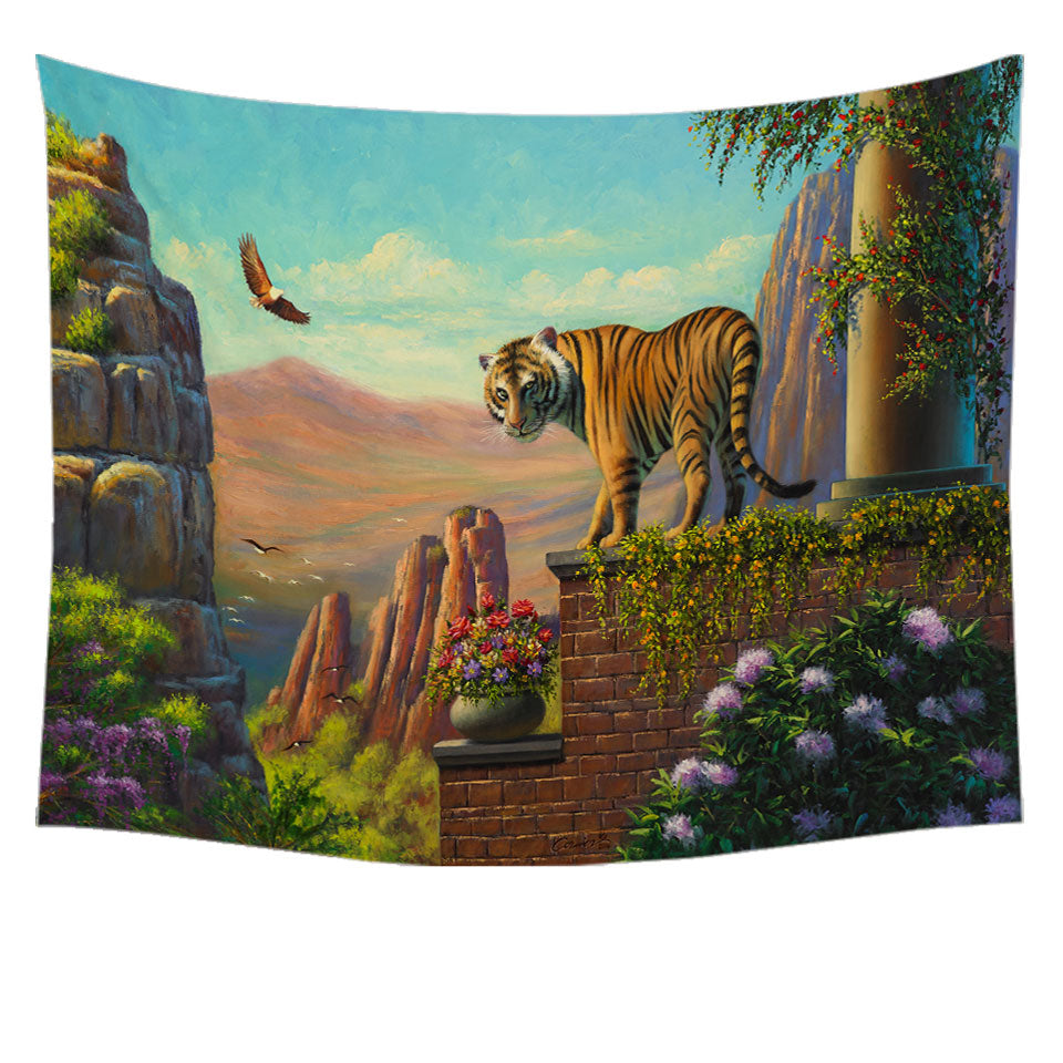 Painting of Tiger on Floral Terrace Wall Decor Tapestry