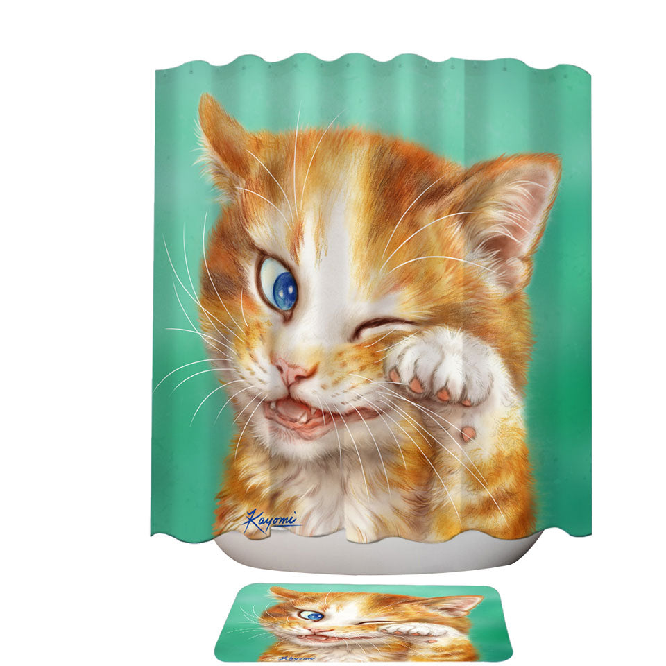 Paintings of Cute Ginger Cat over Green Shower Curtain