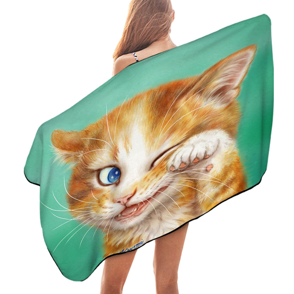 Paintings of Cute Ginger Cat over Green Swims Towel