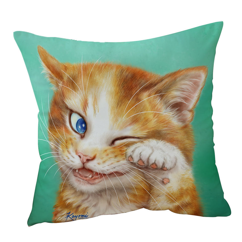 Paintings of Cute Ginger Cat over Green Throw Pillow
