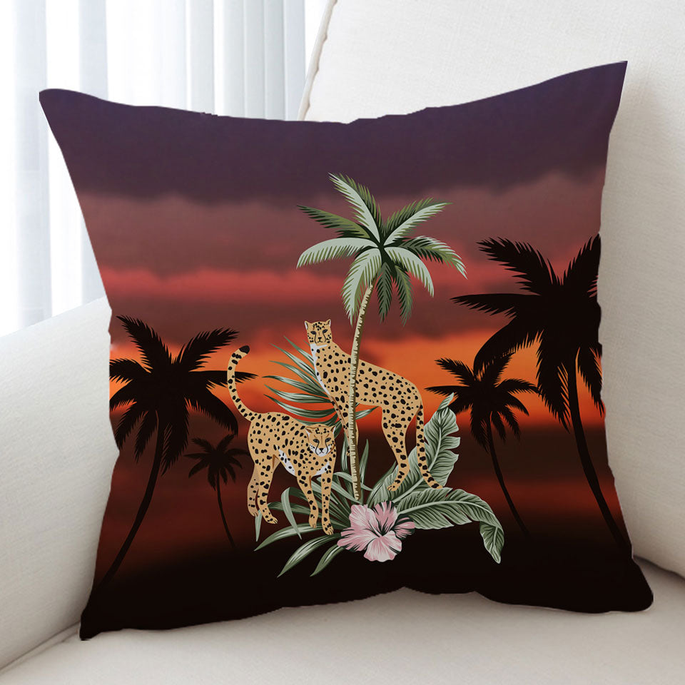 Palm Trees Sunset and Cheetahs Decorative Pillows