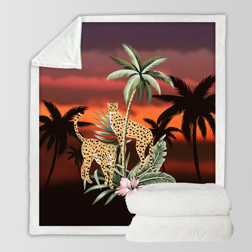 Palm Trees Sunset and Cheetahs Sherpa Blanket