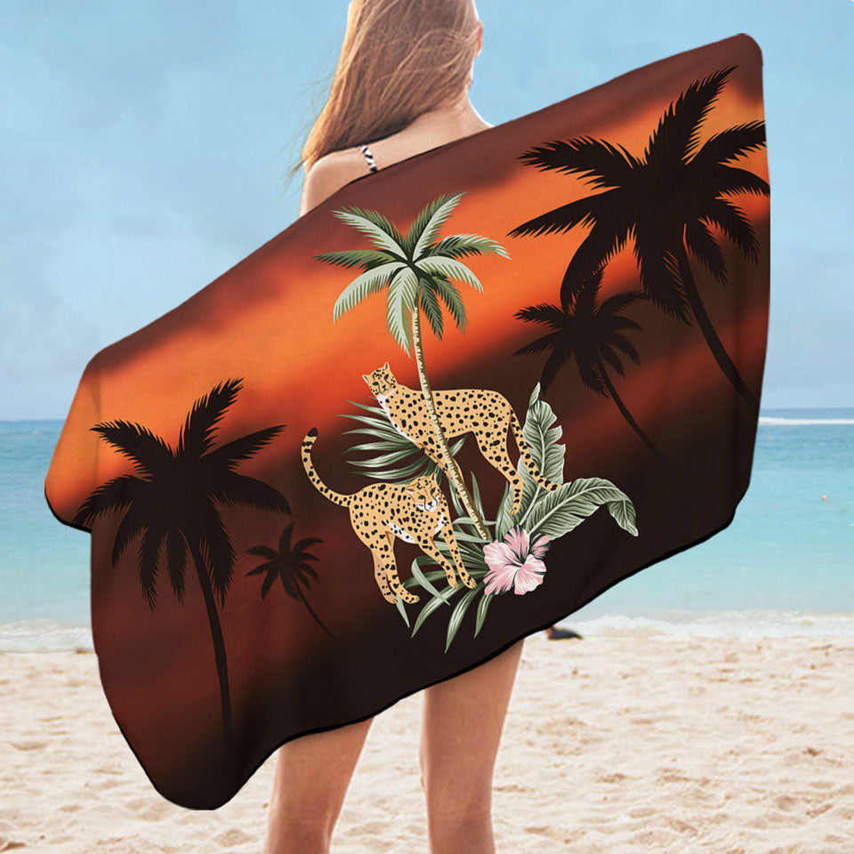 Palm Trees Sunset and Cheetahs Unique Beach Towels