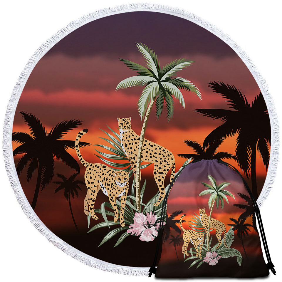Palm Trees Sunset and Cheetahs Unusual Beach Towels