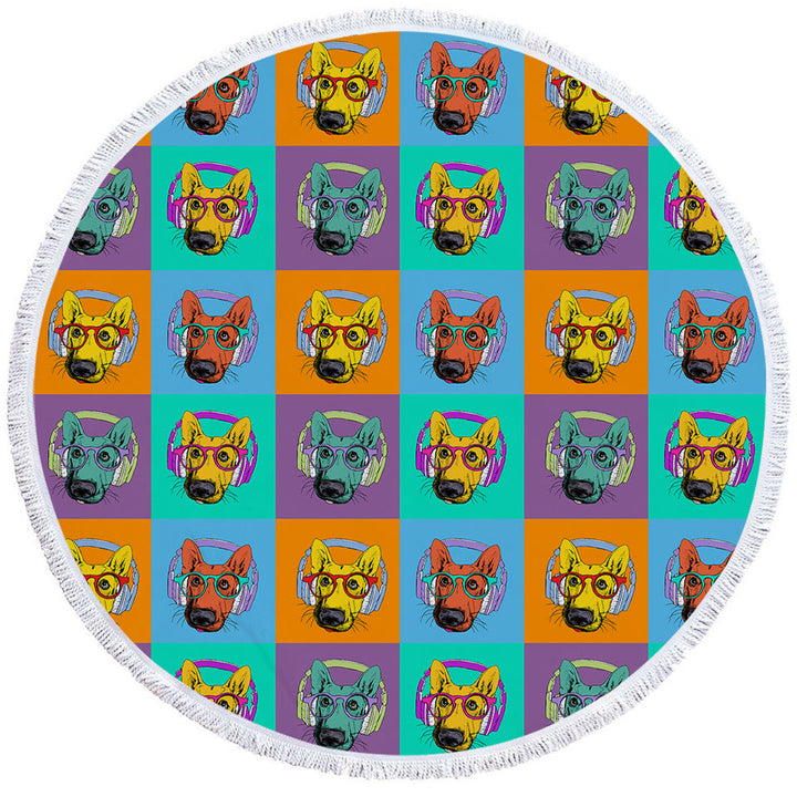 Panel of Multi Colored Cool Hipster Dog Round Towel