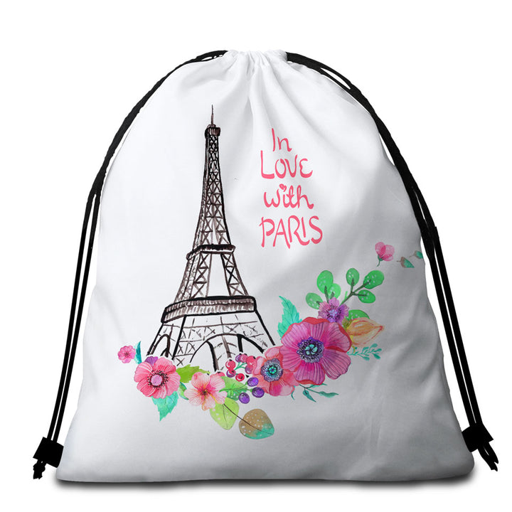 Paris Eiffel Tower Beach Bags and Towels Drawing and Flowers
