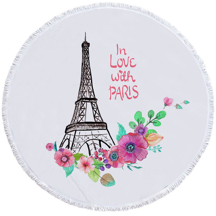 Paris Eiffel Tower Beach Towel Drawing and Flowers