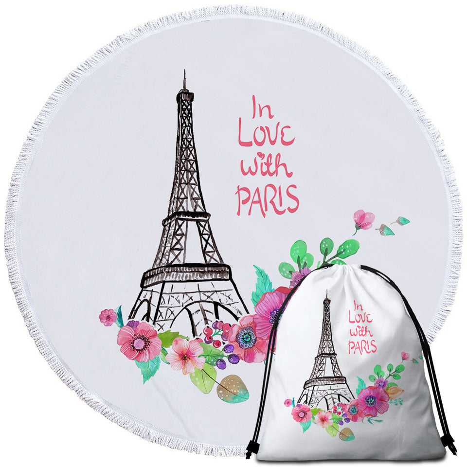 Paris Eiffel Tower Circle Beach Towel Drawing and Flowers