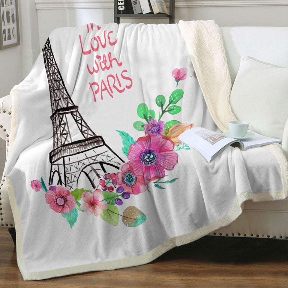 Paris Eiffel Tower Sofa Blankets Drawing and Flowers