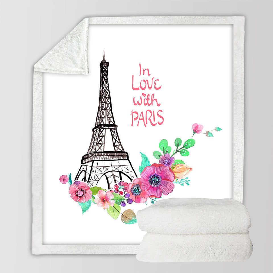 Paris Eiffel Tower Throw Blanket Drawing and Flowers