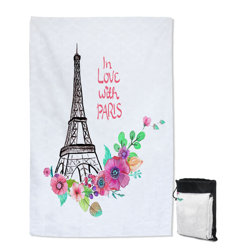 Paris Eiffel Tower Travel Beach Towel Drawing and Flowers