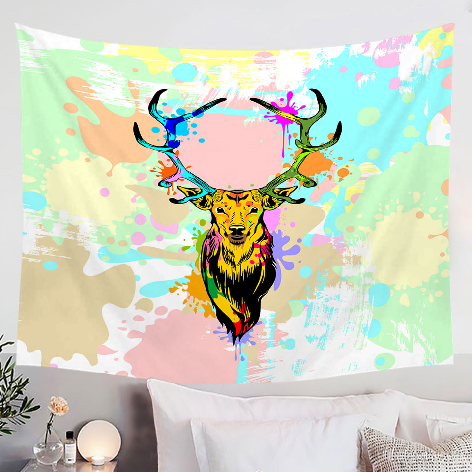 Pastel Paint Splashes Deer Hanging Fabric On Wall