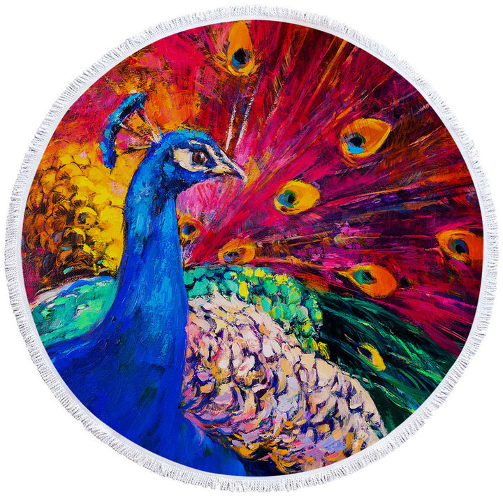 Peacock Round Beach Towel Gorgeous Art Painting