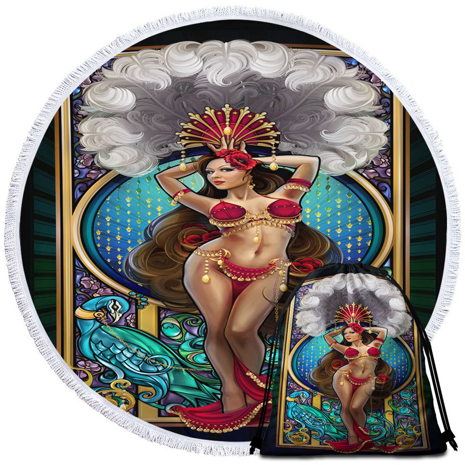 Peacock and Sexy Burlesque Belly Dancer Round Beach Towels for Men