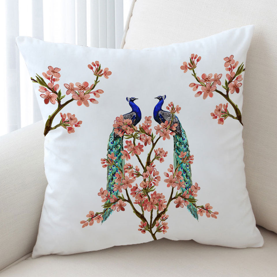 Peacocks and Pink Flowers Decorative Pillows