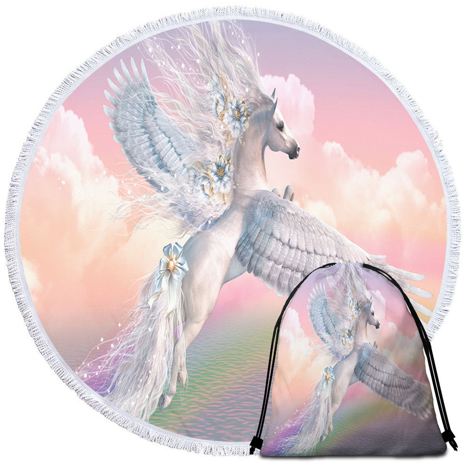 Pegasus Beach Towels Fantasy Art Over the Rainbow Flying White Horse