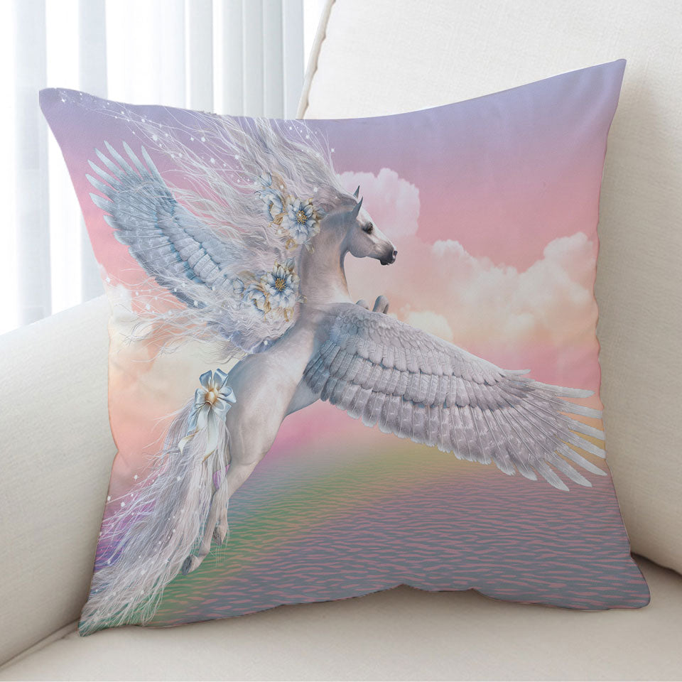 Pegasus Cushion Covers Fantasy Art Over the Rainbow Flying White Horse