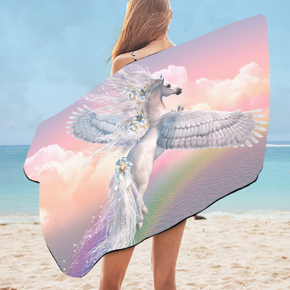 Pegasus Microfiber Beach Towel Fantasy Art Over the Rainbow Flying White Horse