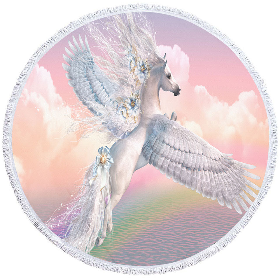 Pegasus Round Beach Towel Fantasy Art Over the Rainbow Flying White Horse