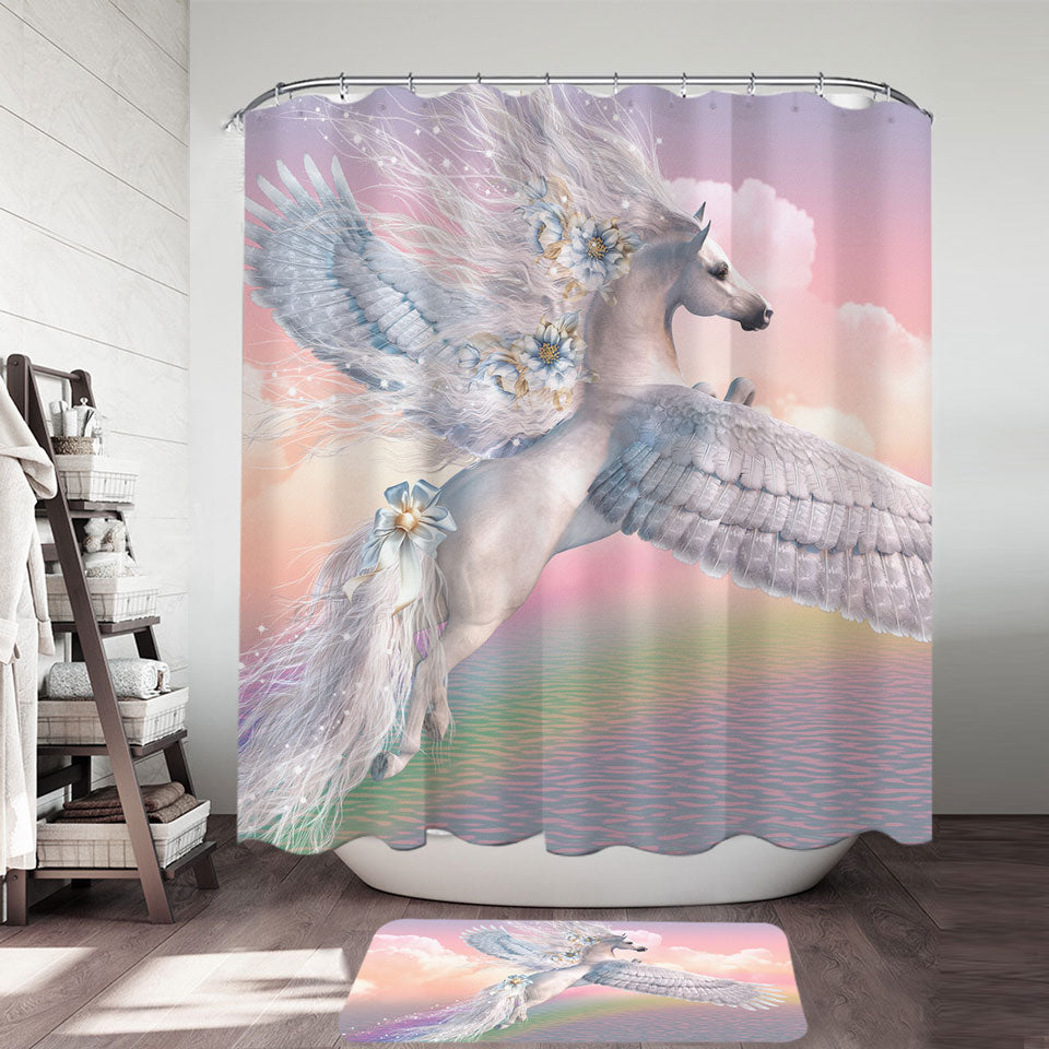 Pegasus Shower Curtain Fantasy Art Over the Rainbow Flying White Horse