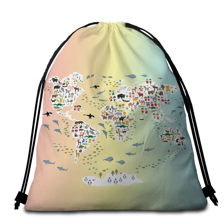 People and Animals World Map Beach Bags and Towels