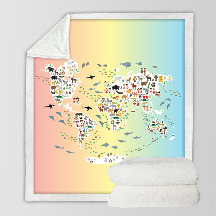 People and Animals World Map Throw Blanket for Travel