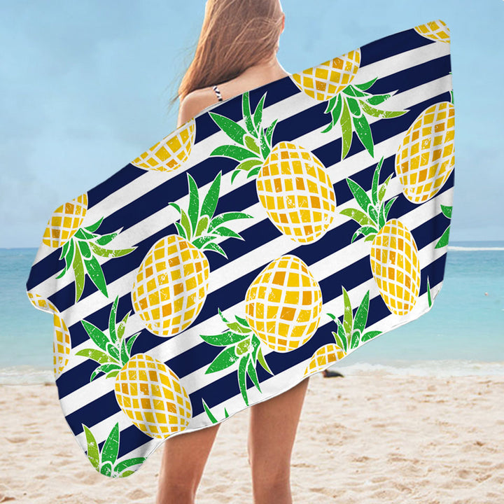 Pineapples Nice Beach Towels over Blue Stipes