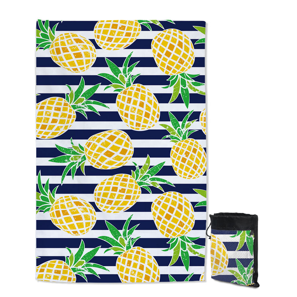 Pineapples Thin Beach Towels over Blue Stipes