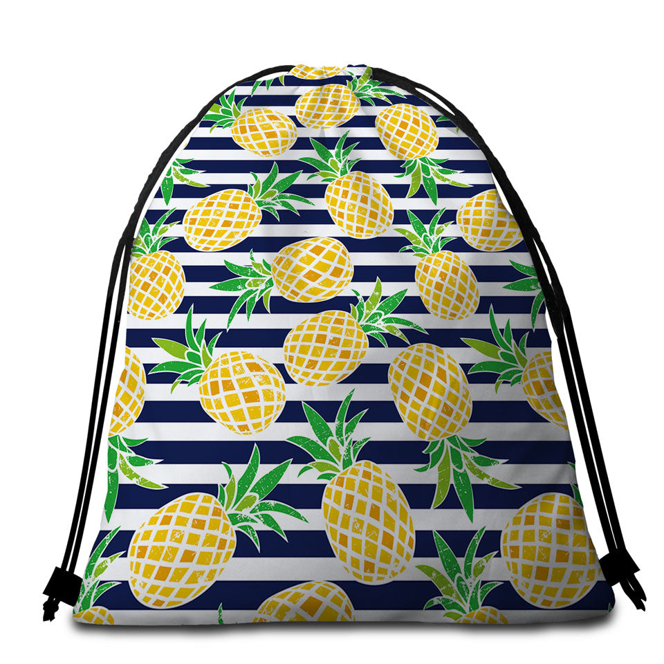 Pineapples over Blue Stipes Packable Beach Towel