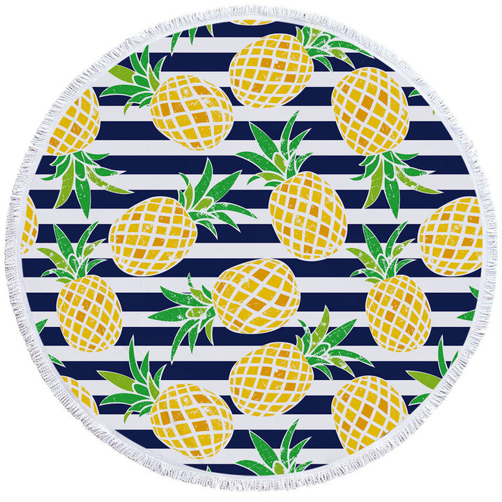 Pineapples over Blue Stipes Round Beach Towel