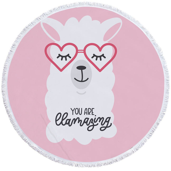 Pink Background Beach Towels with Cool Heart Glasses Llama