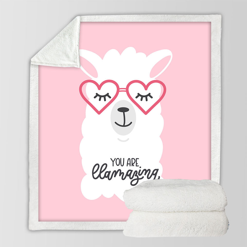 Pink Background Cool Heart Glasses Llama Fleece Blankets