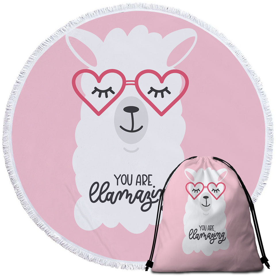 Pink Background Cool Heart Glasses Llama Round Beach Towel