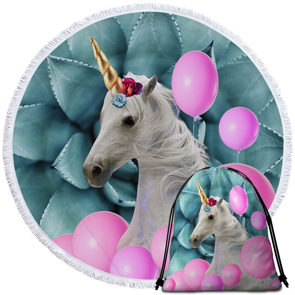 Pink Balloons and Unicorn Childrens Beach Towels