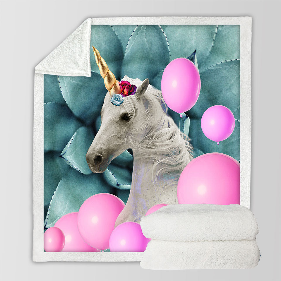 Pink Balloons and Unicorn Kids Sherpa Blanket