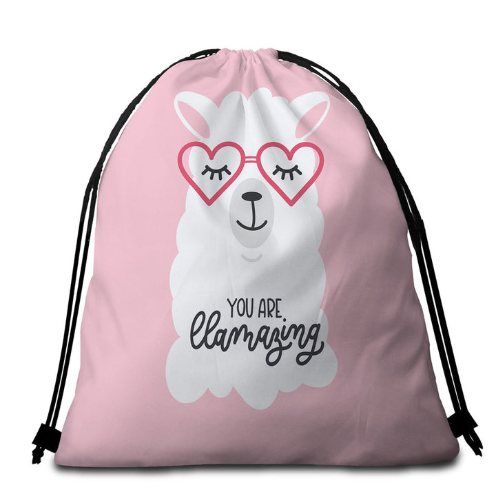 Pink Beach Towel Bags with Cool Heart Glasses Llama
